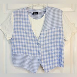 Vintage 80s Signet Blue Gingham Grandma Vest Top Cottagecore USA Union Made~M